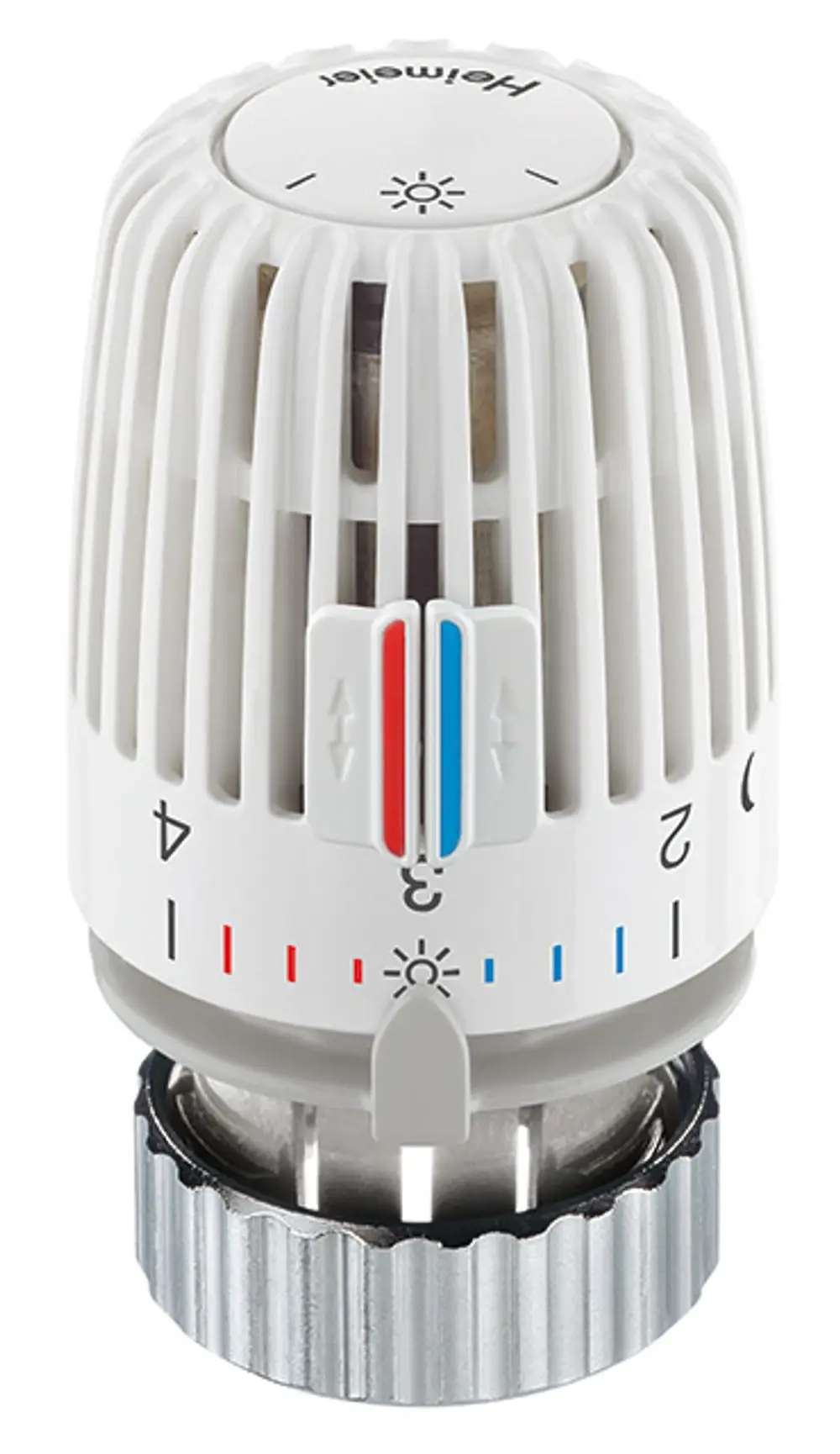 Thermostat-Kopf in Weiß mit einer Skala von 1 bis 5, Kältesymbol und Heizsymbol, für die Verwendung mit Vaillant-Ventilen, hergestellt von IMI Hydronic Engineering.